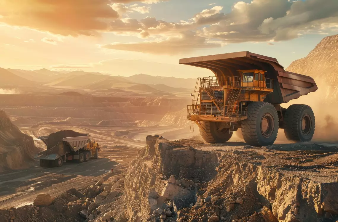 Mine à ciel ouvert avec machines de chantier au premier plan
